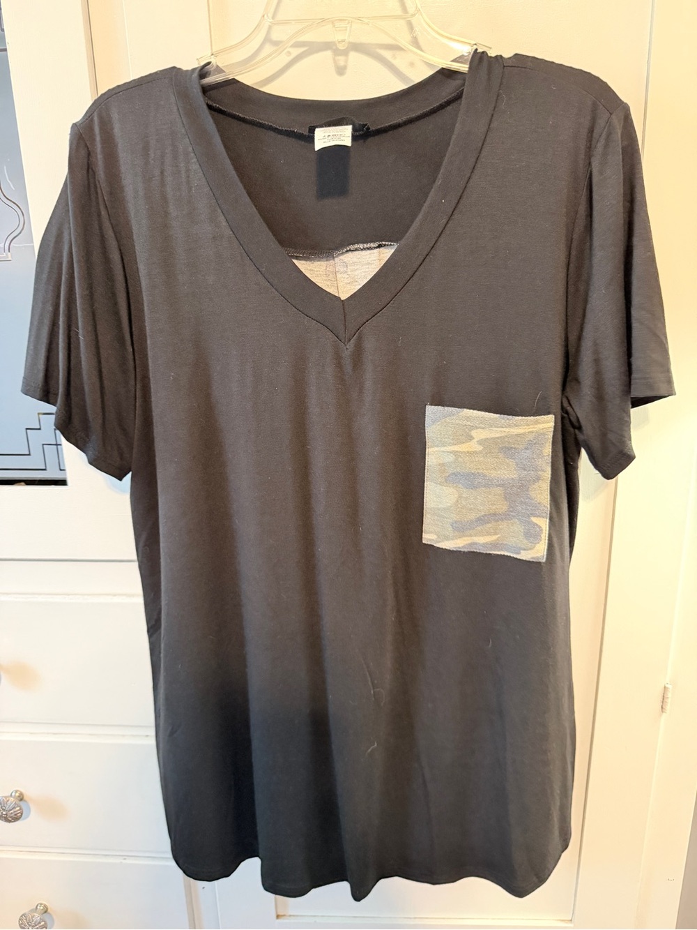 Black V-Neck Tunic with Camo Pocket